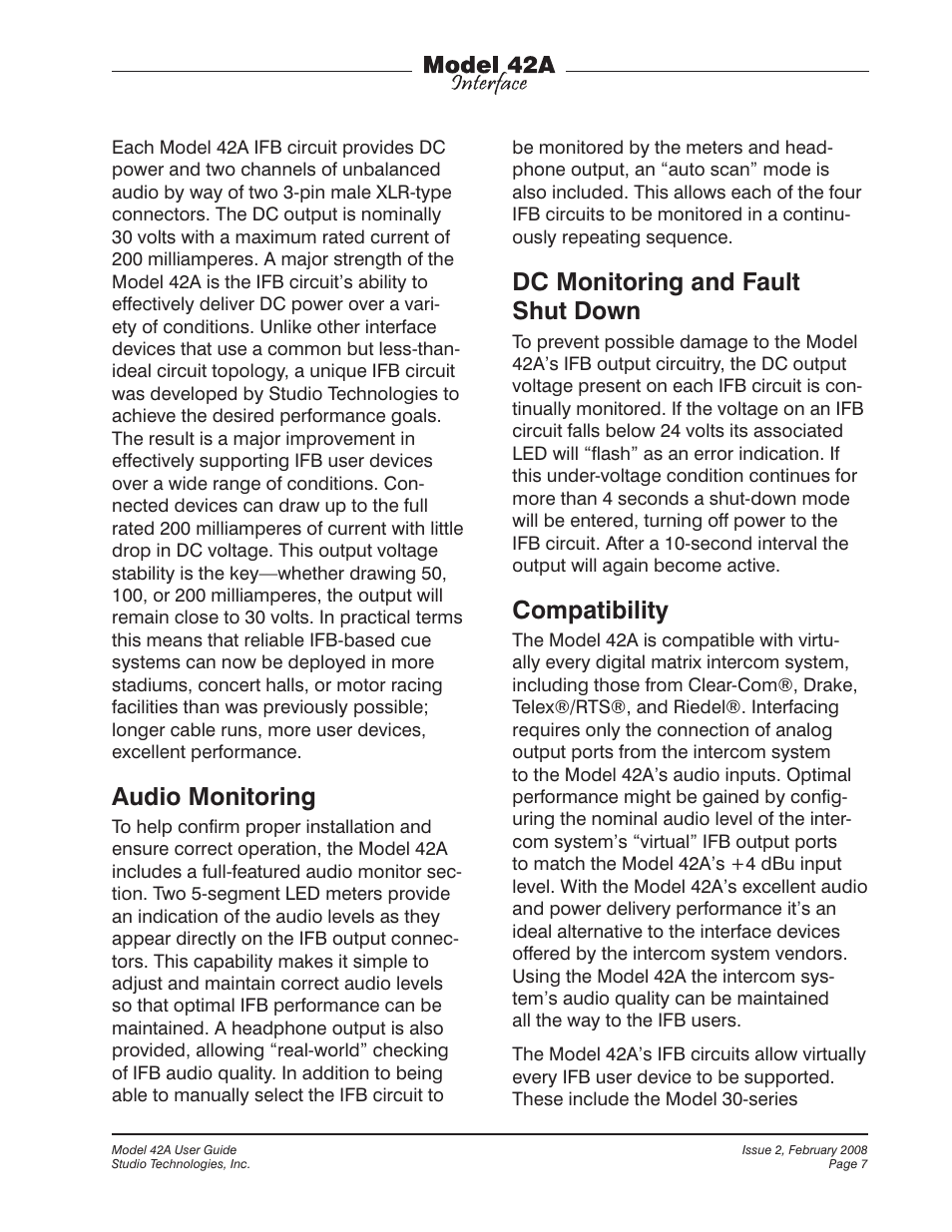 Audio monitoring, Dc monitoring and fault shut down, Compatibility | Studio Technologies 42A 2008 User Manual | Page 7 / 25