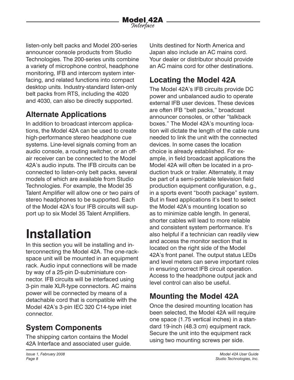 Installation, Alternate applications, System components | Locating the model 42a, Mounting the model 42a | Studio Technologies 42A 2008 User Manual | Page 8 / 25