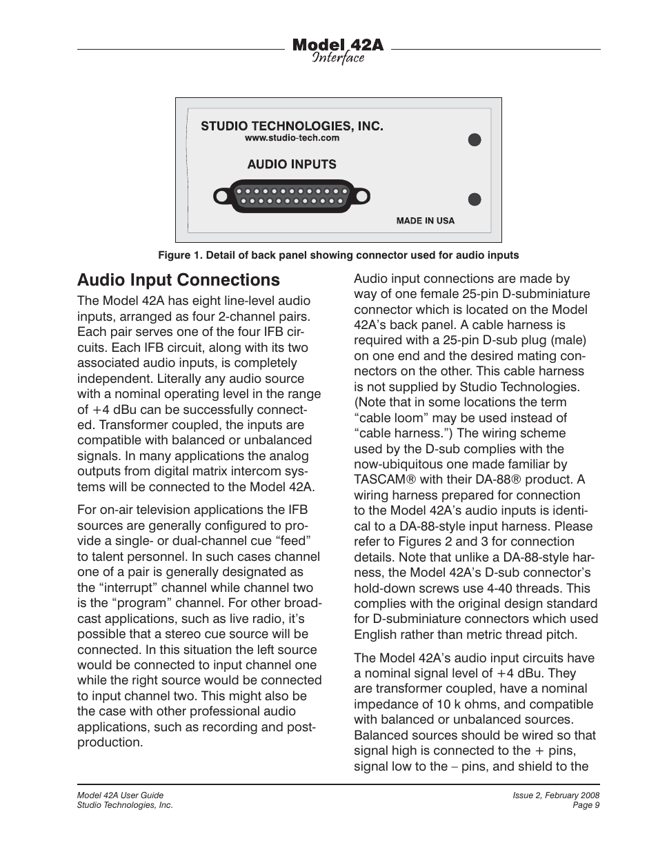 Audio input connections | Studio Technologies 42A 2008 User Manual | Page 9 / 25