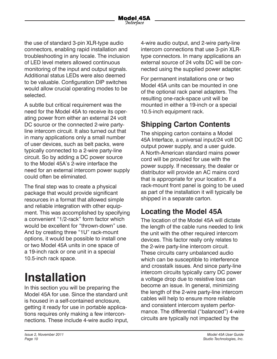 Installation, Shipping carton contents, Locating the model 45a | Studio Technologies 45A User Manual | Page 10 / 31