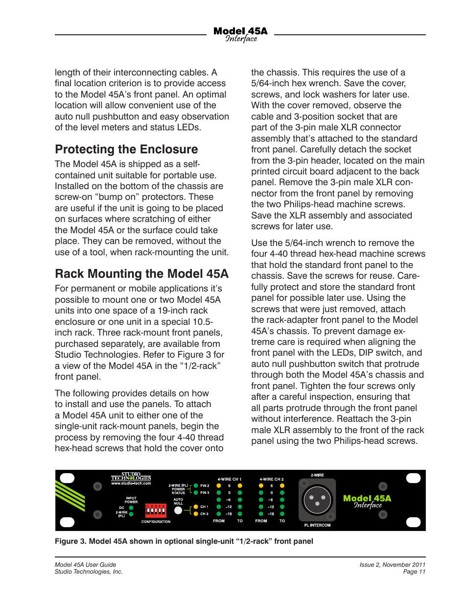 Protecting the enclosure, Rack mounting the model 45a | Studio Technologies 45A User Manual | Page 11 / 31