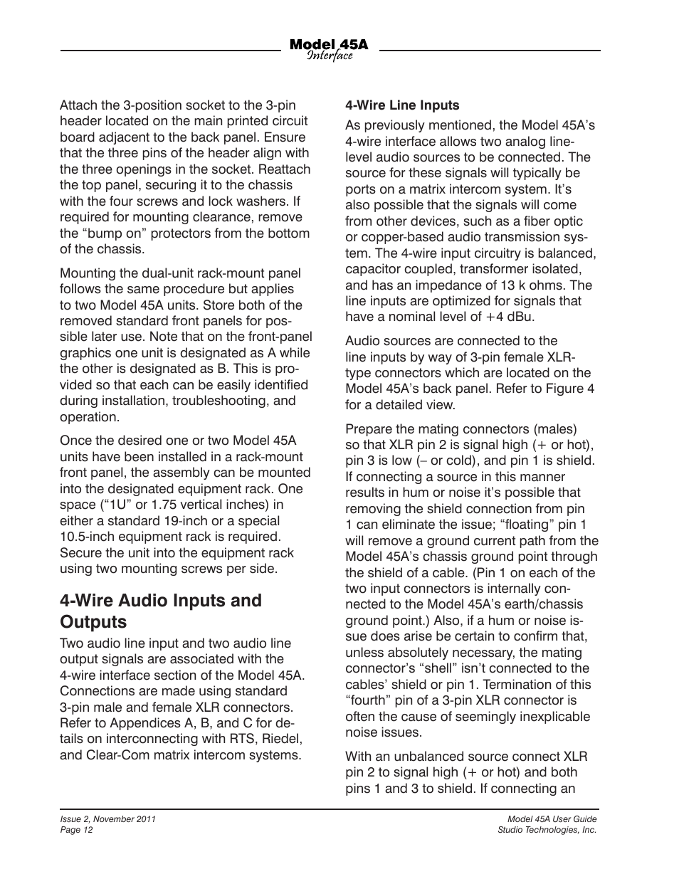 Wire audio inputs and outputs | Studio Technologies 45A User Manual | Page 12 / 31