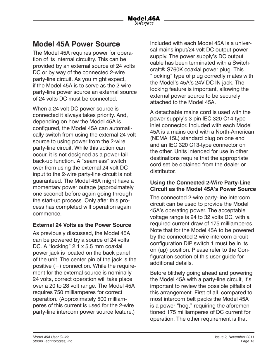 Model 45a power source | Studio Technologies 45A User Manual | Page 15 / 31