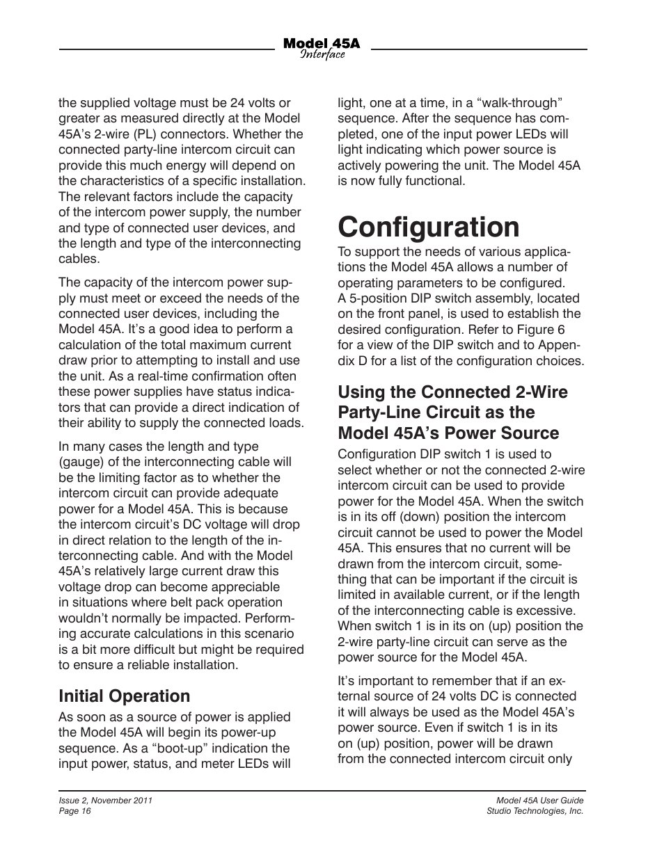 Conﬁguration, Initial operation | Studio Technologies 45A User Manual | Page 16 / 31