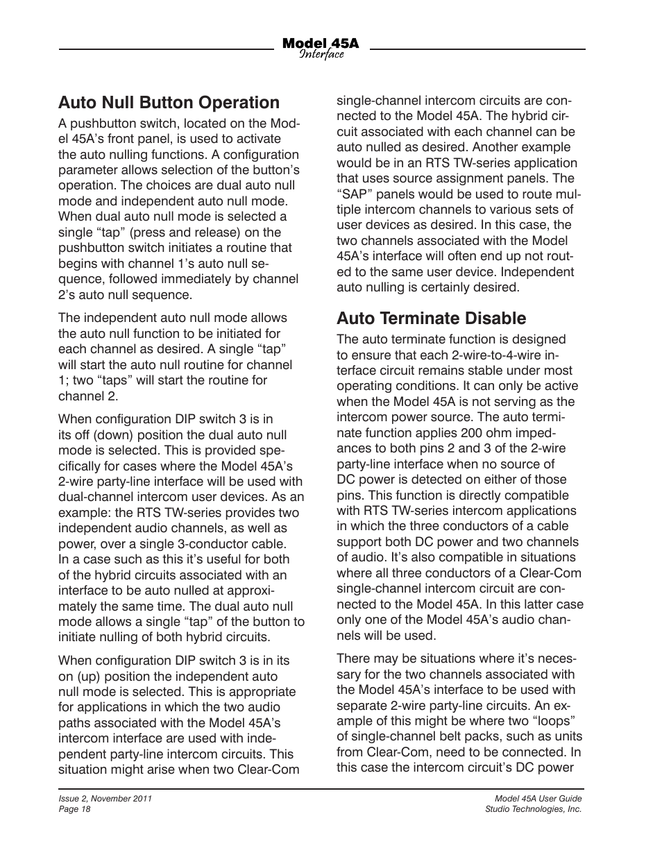 Auto null button operation, Auto terminate disable | Studio Technologies 45A User Manual | Page 18 / 31