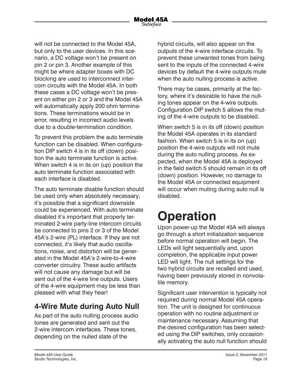 Operation, Wire mute during auto null | Studio Technologies 45A User Manual | Page 19 / 31