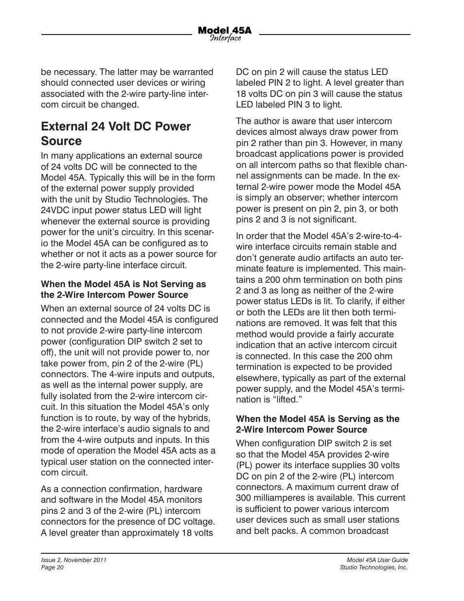 External 24 volt dc power source | Studio Technologies 45A User Manual | Page 20 / 31