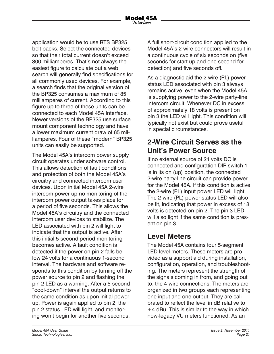 Wire circuit serves as the unit’s power source, Level meters | Studio Technologies 45A User Manual | Page 21 / 31