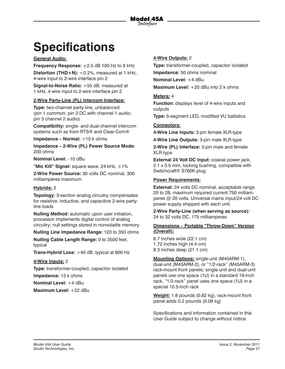 Speciﬁcations | Studio Technologies 45A User Manual | Page 27 / 31