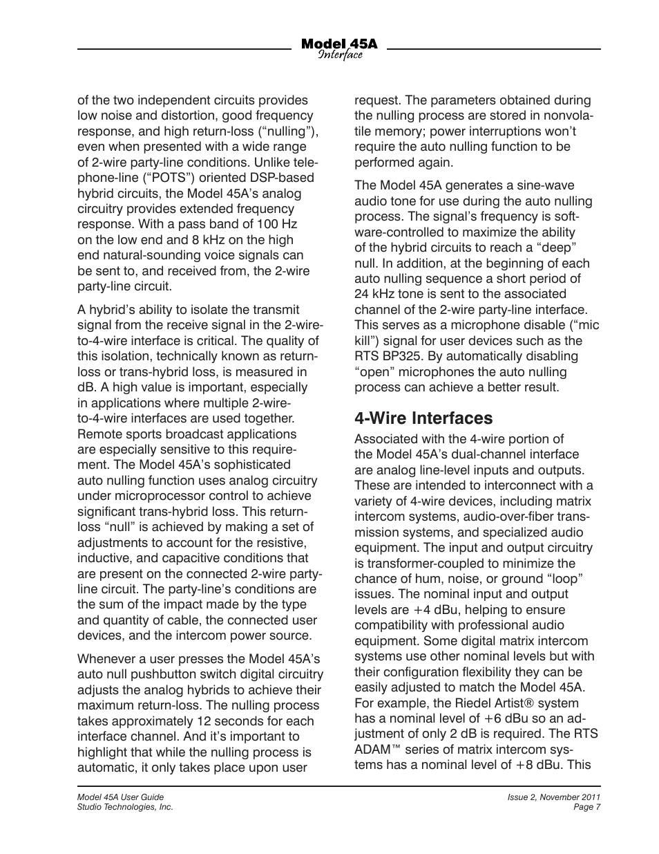 Wire interfaces | Studio Technologies 45A User Manual | Page 7 / 31