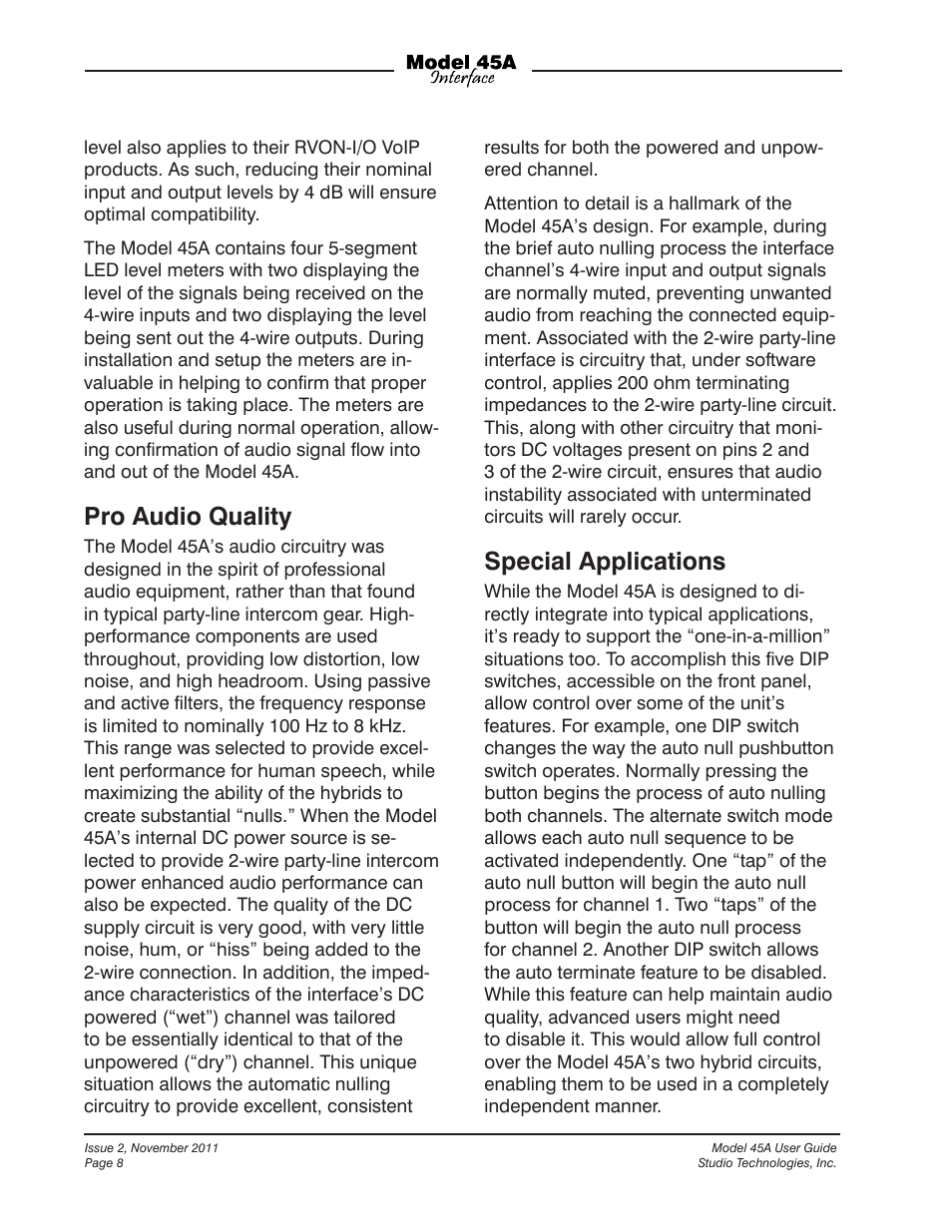 Pro audio quality, Special applications | Studio Technologies 45A User Manual | Page 8 / 31