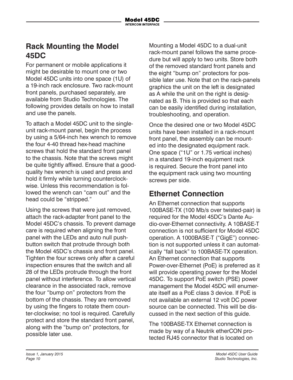 Rack mounting the model 45dc, Ethernet connection | Studio Technologies 45DC User Manual | Page 10 / 23