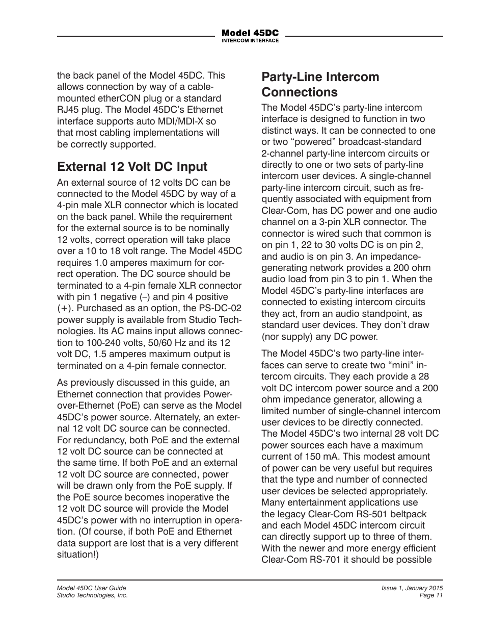 External 12 volt dc input, Party-line intercom connections | Studio Technologies 45DC User Manual | Page 11 / 23