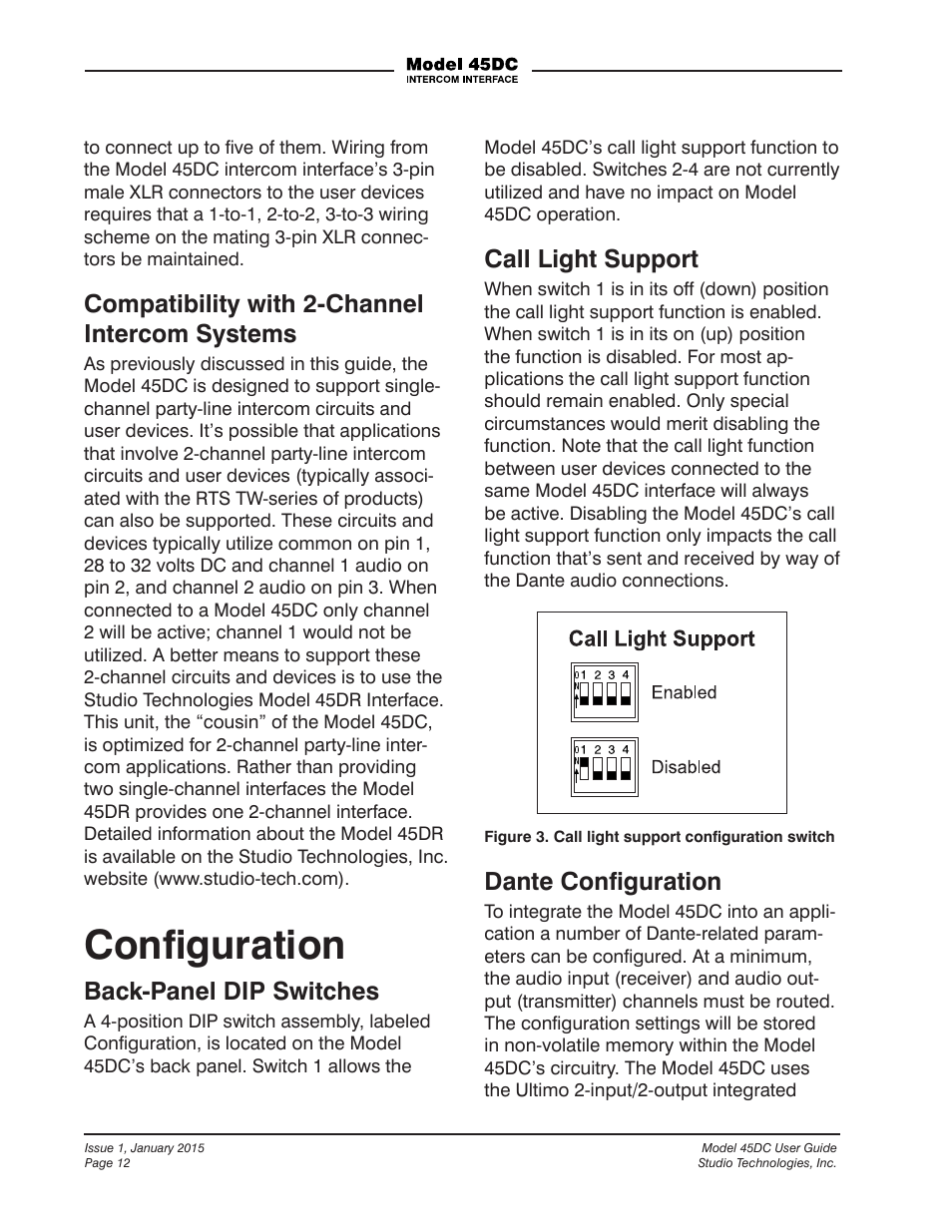 Conﬁguration, Compatibility with 2-channel intercom systems, Back-panel dip switches | Call light support, Dante conﬁguration | Studio Technologies 45DC User Manual | Page 12 / 23