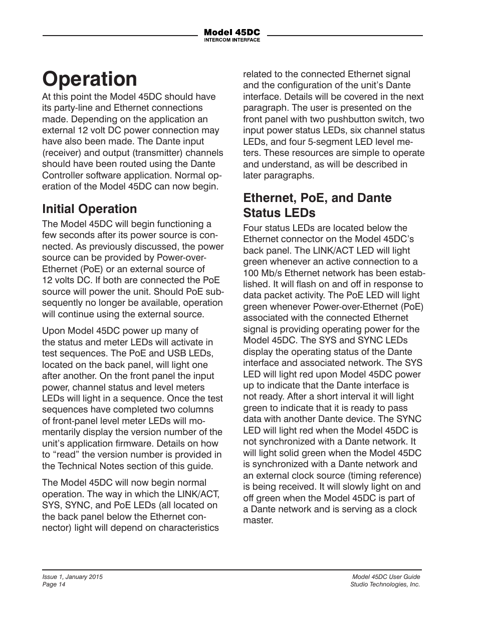 Operation, Initial operation, Ethernet, poe, and dante status leds | Studio Technologies 45DC User Manual | Page 14 / 23