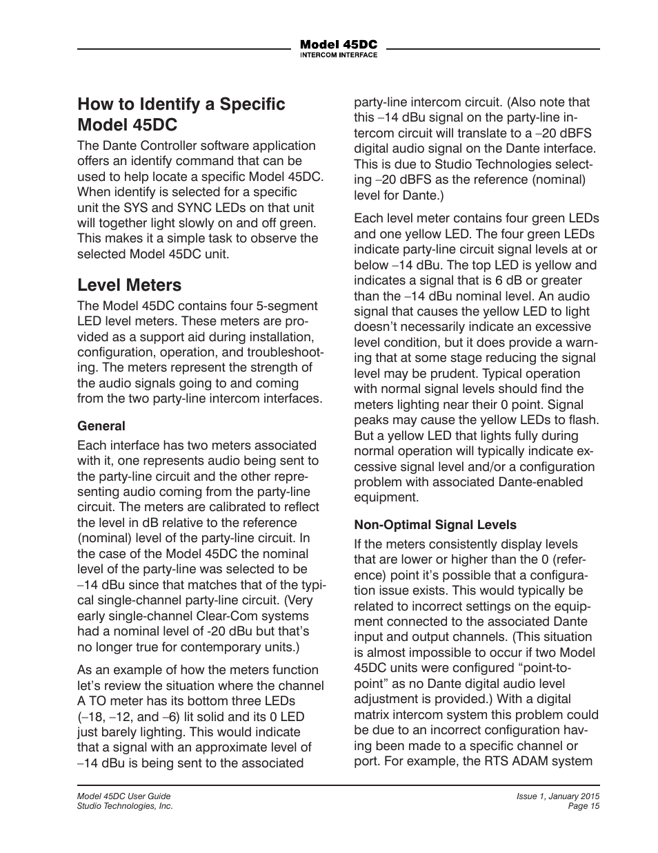 How to identify a speciﬁc model 45dc, Level meters | Studio Technologies 45DC User Manual | Page 15 / 23