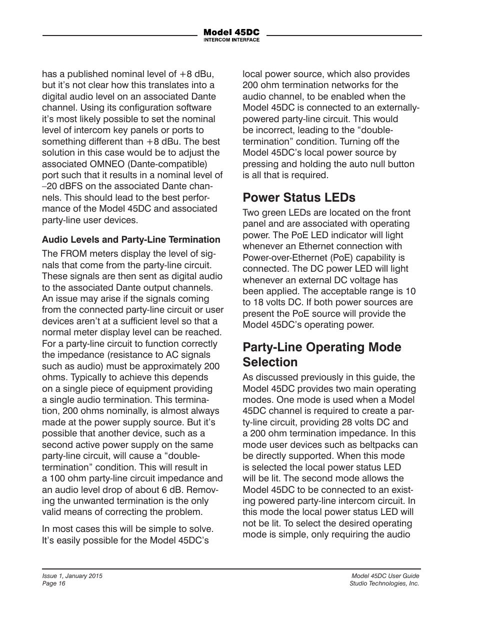 Power status leds, Party-line operating mode selection | Studio Technologies 45DC User Manual | Page 16 / 23