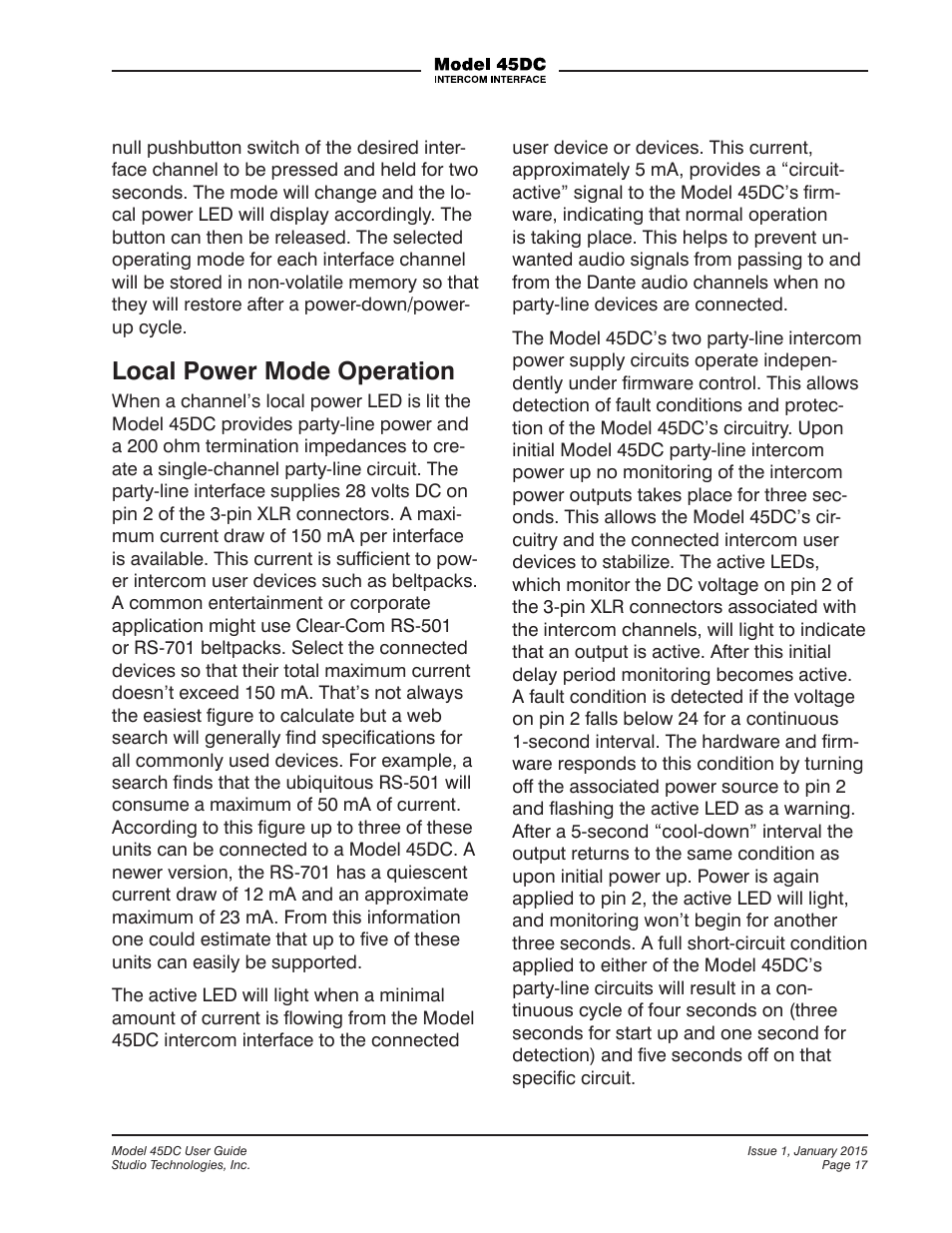 Local power mode operation | Studio Technologies 45DC User Manual | Page 17 / 23