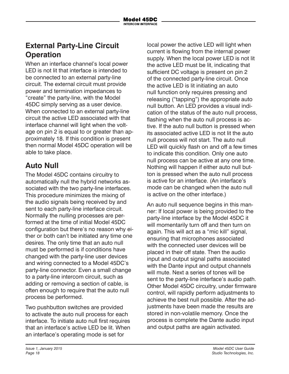 External party-line circuit operation, Auto null | Studio Technologies 45DC User Manual | Page 18 / 23