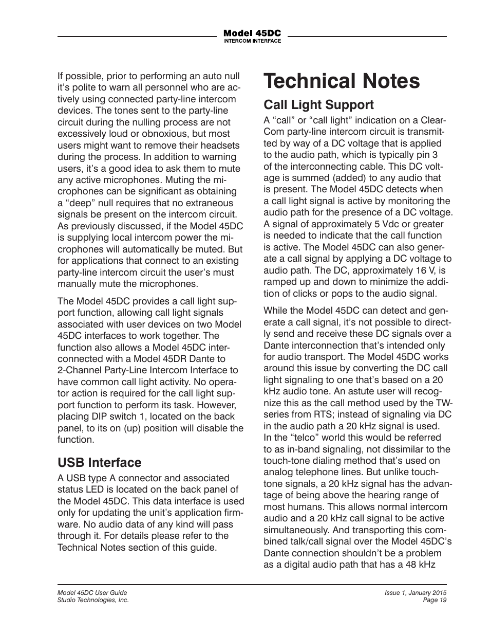 Usb interface, Call light support | Studio Technologies 45DC User Manual | Page 19 / 23