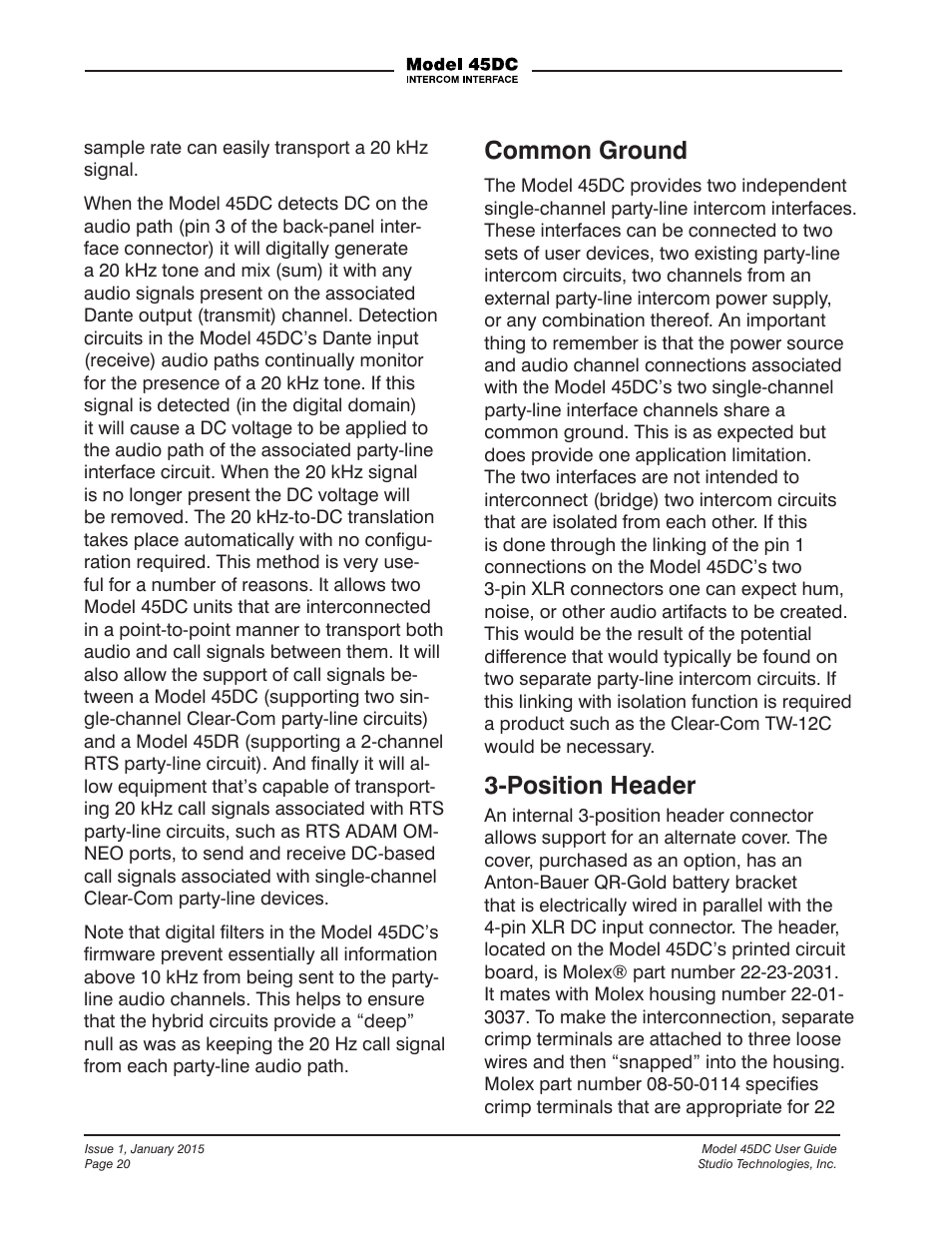 Common ground, Position header | Studio Technologies 45DC User Manual | Page 20 / 23