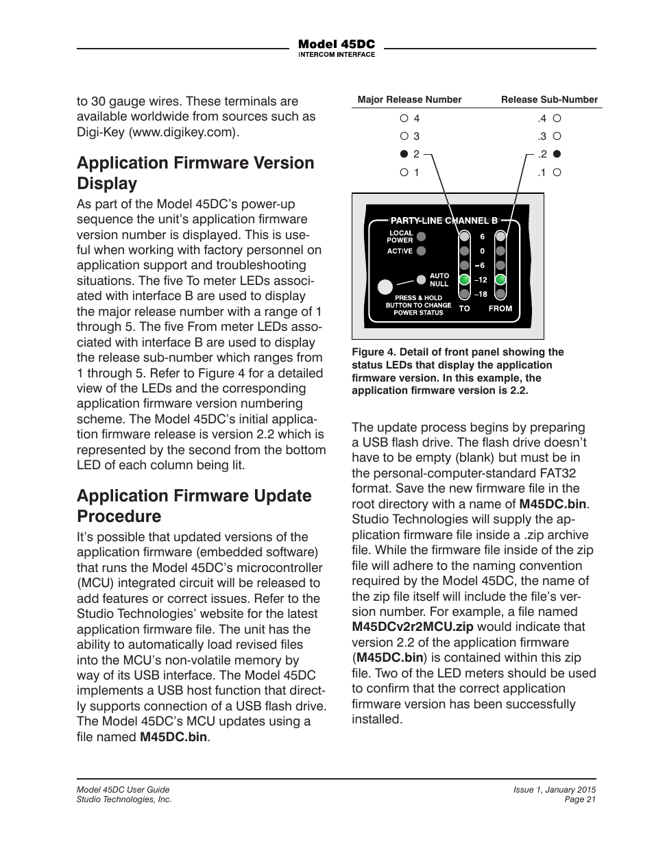 Application firmware version display, Application firmware update procedure | Studio Technologies 45DC User Manual | Page 21 / 23