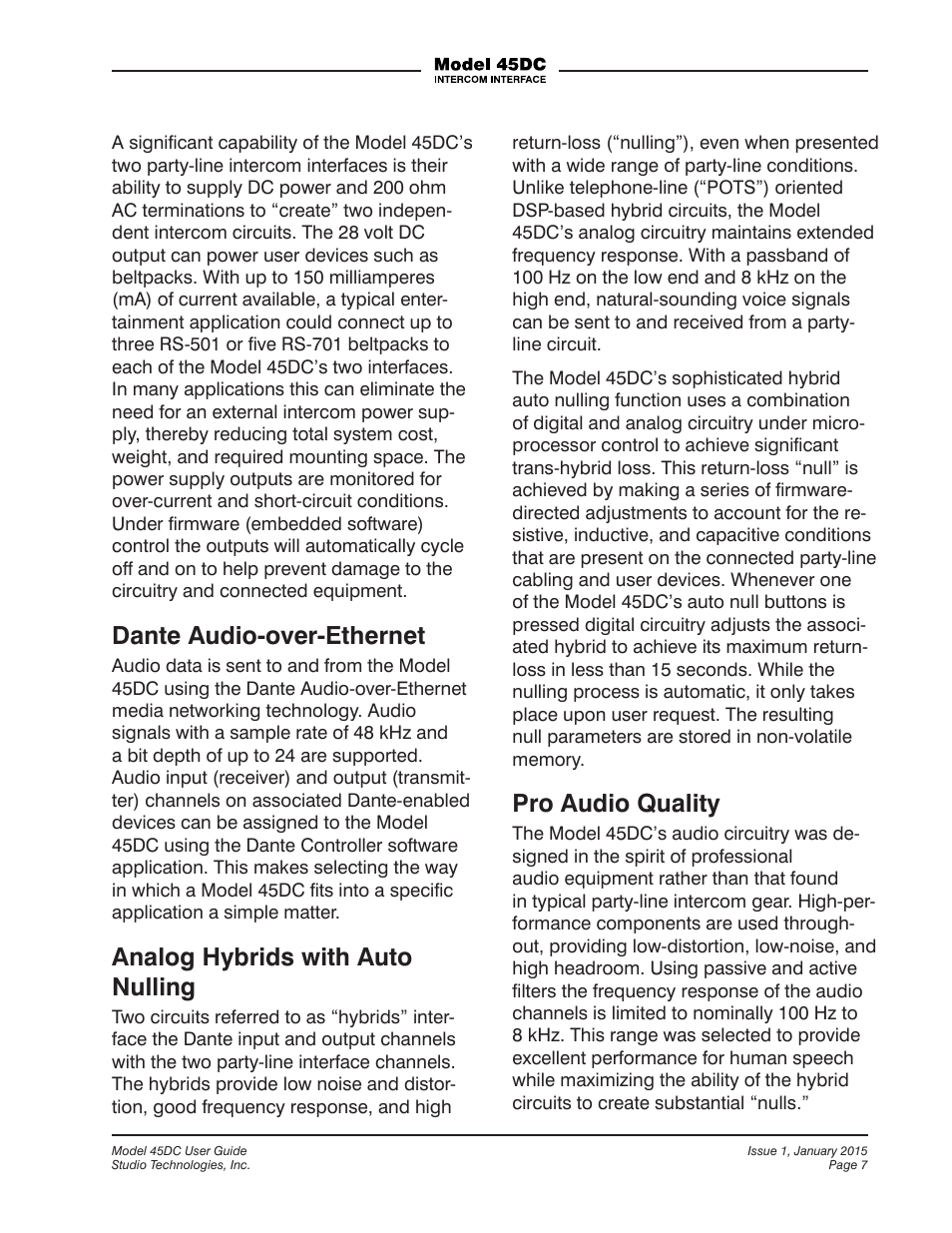 Dante audio-over-ethernet, Analog hybrids with auto nulling, Pro audio quality | Studio Technologies 45DC User Manual | Page 7 / 23