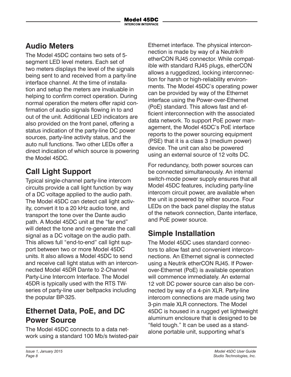 Audio meters, Call light support, Ethernet data, poe, and dc power source | Simple installation | Studio Technologies 45DC User Manual | Page 8 / 23