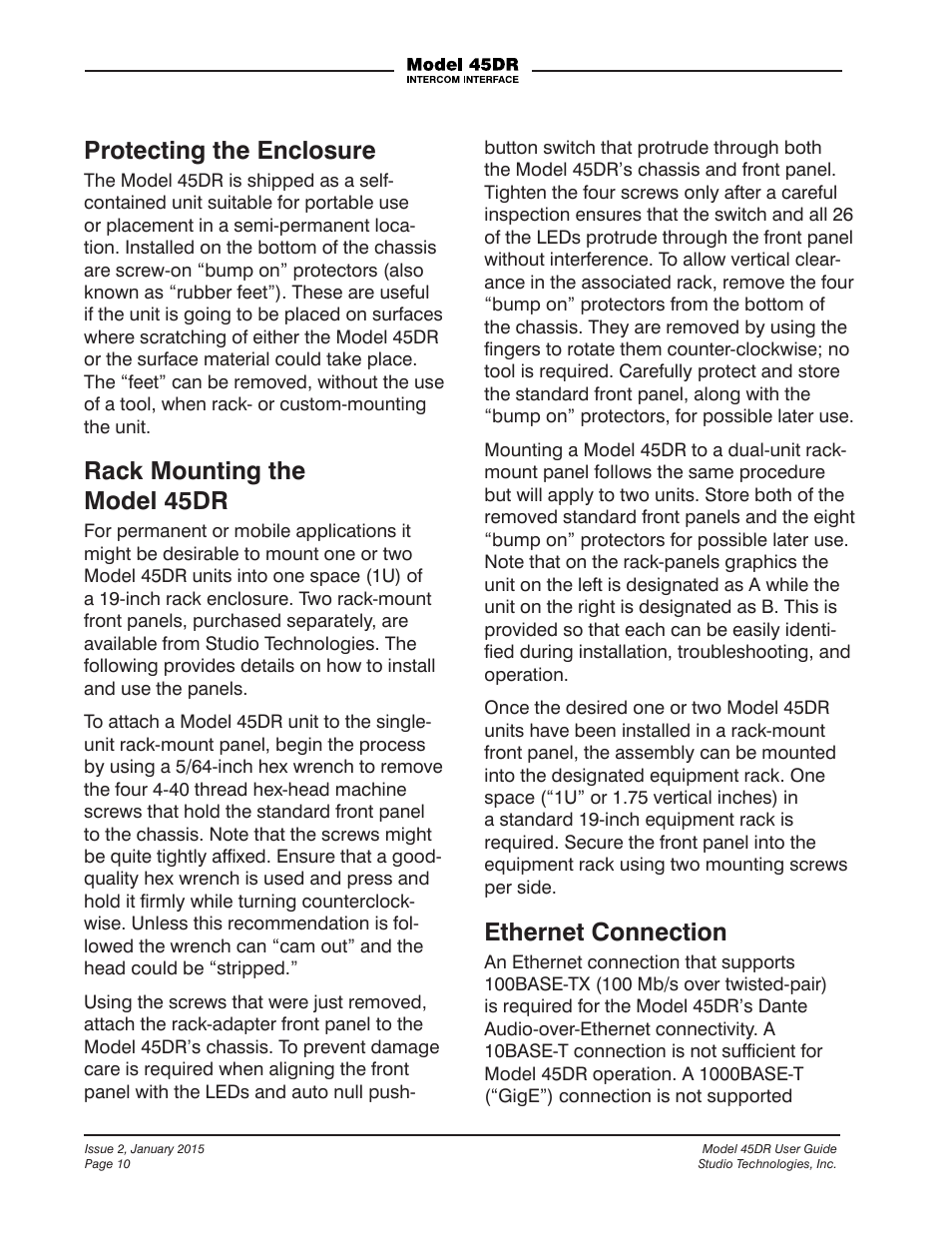 Protecting the enclosure, Rack mounting the model 45dr, Ethernet connection | Studio Technologies 45DR User Manual | Page 10 / 23