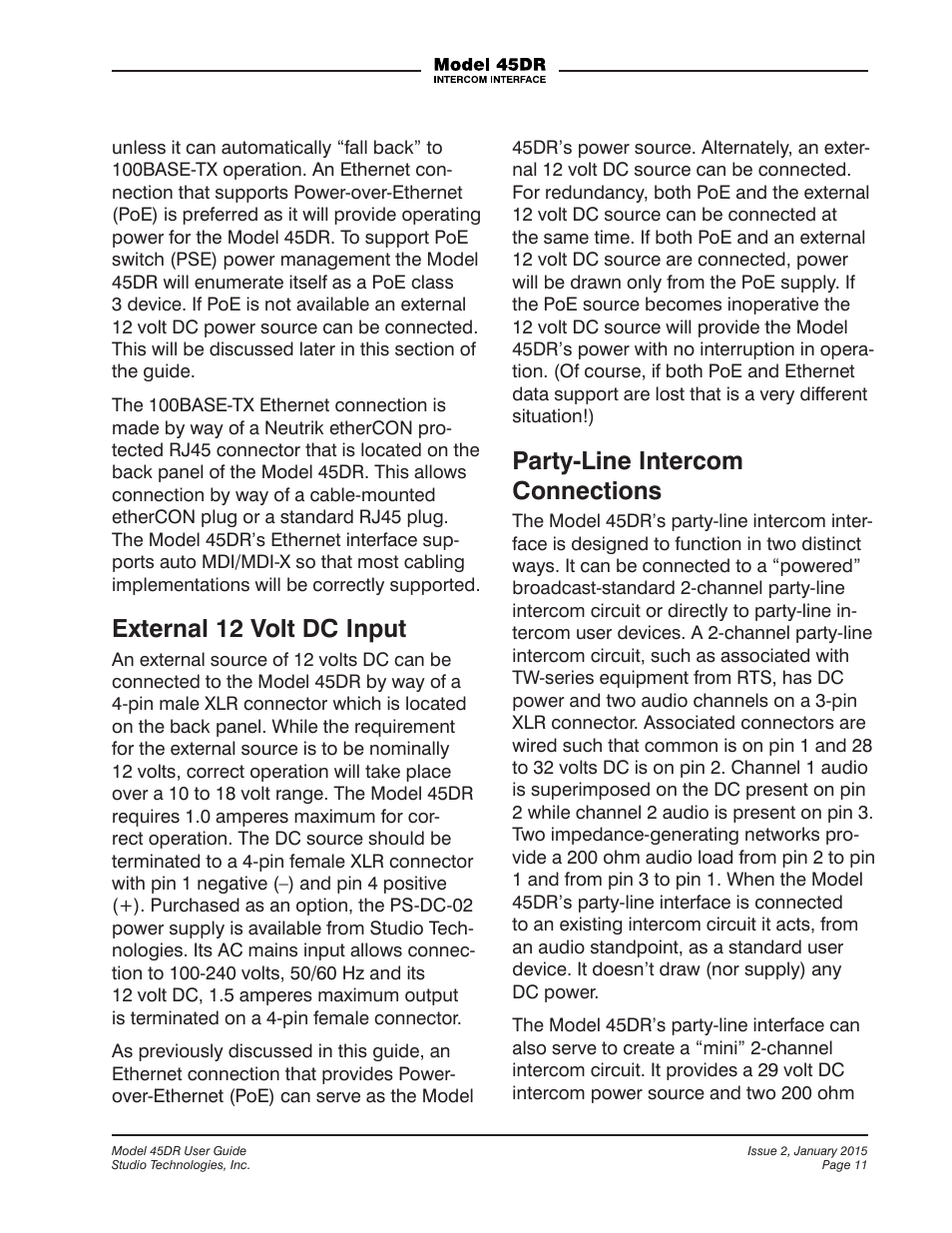External 12 volt dc input, Party-line intercom connections | Studio Technologies 45DR User Manual | Page 11 / 23
