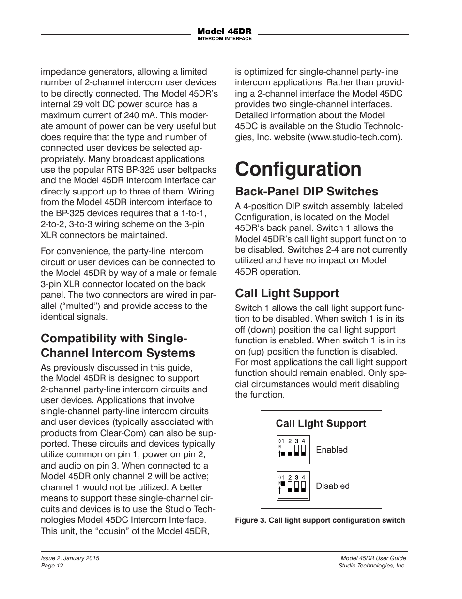 Conﬁguration, Back-panel dip switches, Call light support | Studio Technologies 45DR User Manual | Page 12 / 23