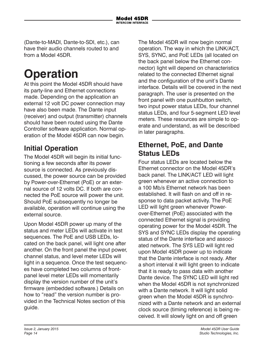 Operation, Initial operation, Ethernet, poe, and dante status leds | Studio Technologies 45DR User Manual | Page 14 / 23