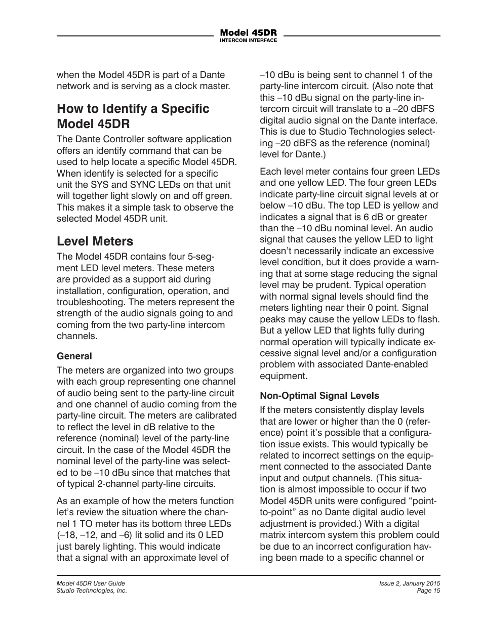 How to identify a speciﬁc model 45dr, Level meters | Studio Technologies 45DR User Manual | Page 15 / 23