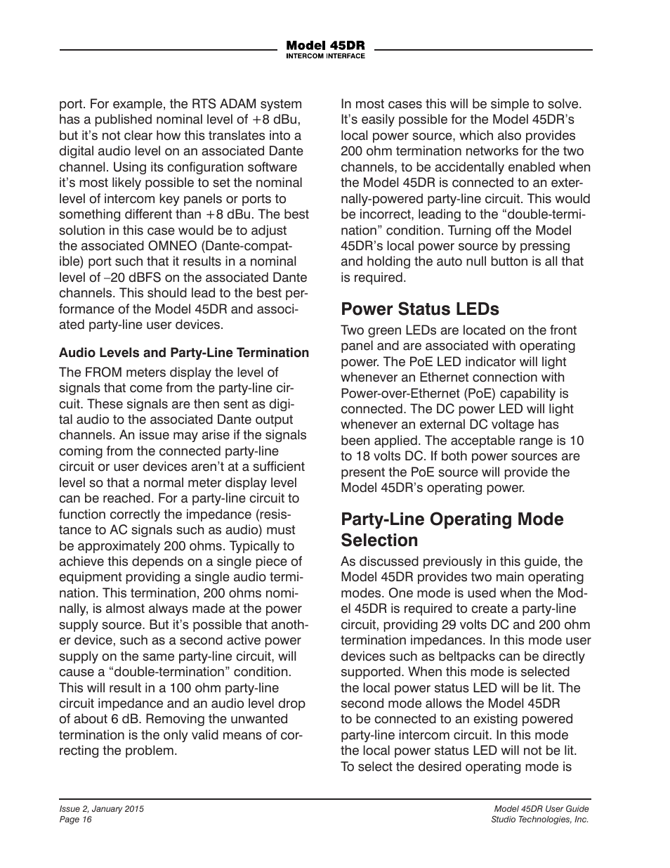 Power status leds, Party-line operating mode selection | Studio Technologies 45DR User Manual | Page 16 / 23