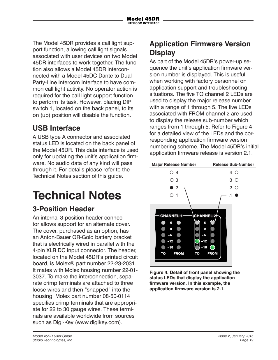 Usb interface, Position header, Application firmware version display | Studio Technologies 45DR User Manual | Page 19 / 23