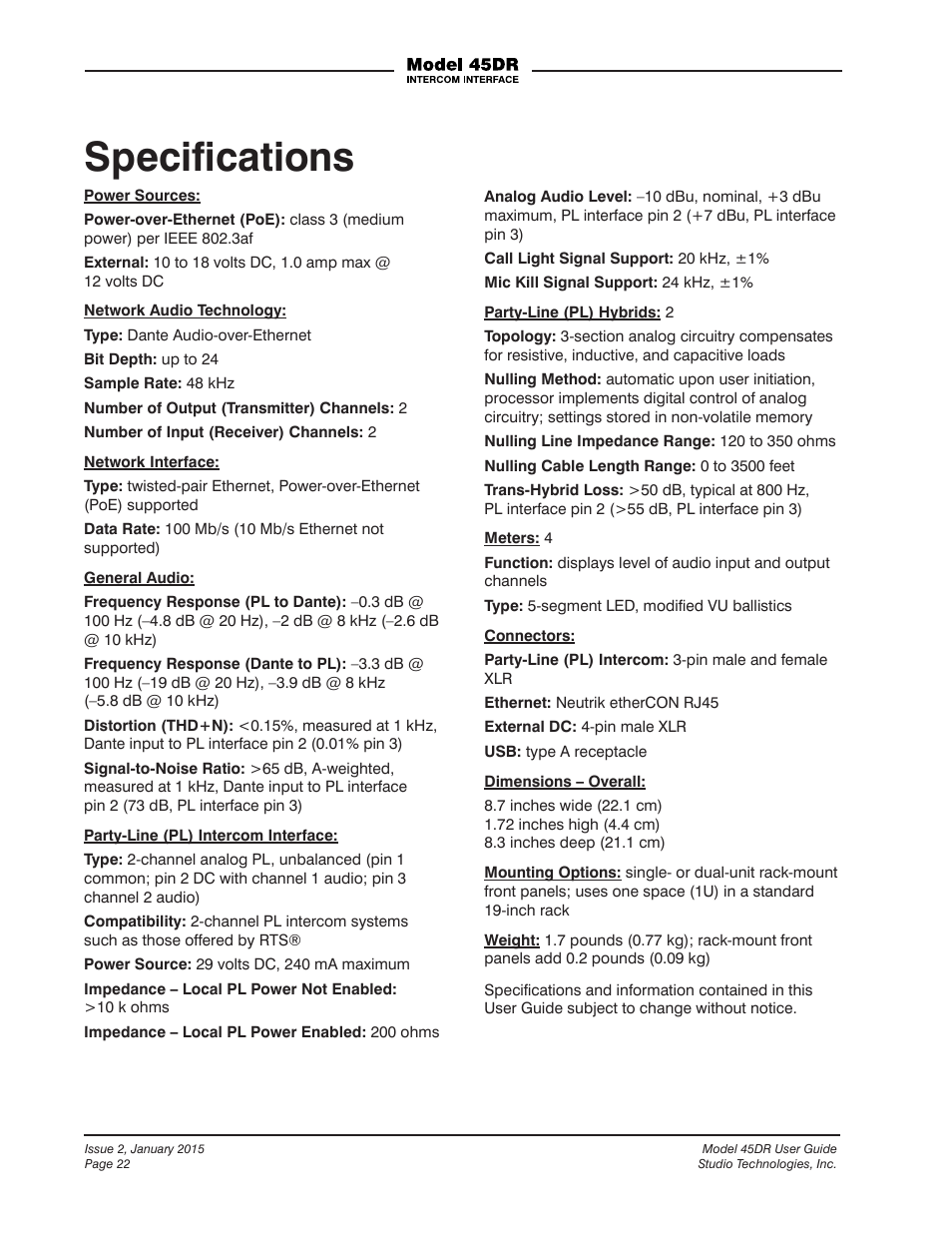 Speciﬁcations | Studio Technologies 45DR User Manual | Page 22 / 23