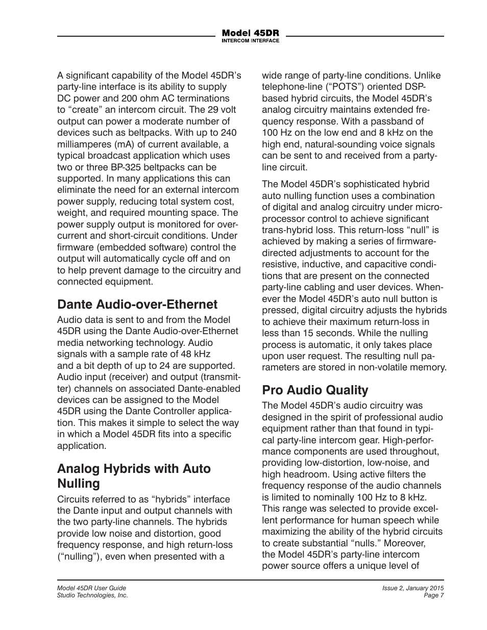 Dante audio-over-ethernet, Analog hybrids with auto nulling, Pro audio quality | Studio Technologies 45DR User Manual | Page 7 / 23