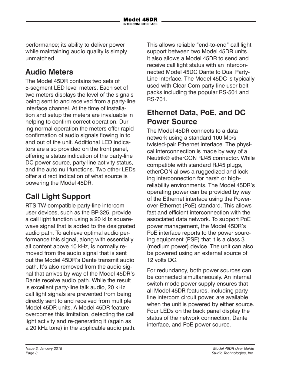 Audio meters, Call light support, Ethernet data, poe, and dc power source | Studio Technologies 45DR User Manual | Page 8 / 23