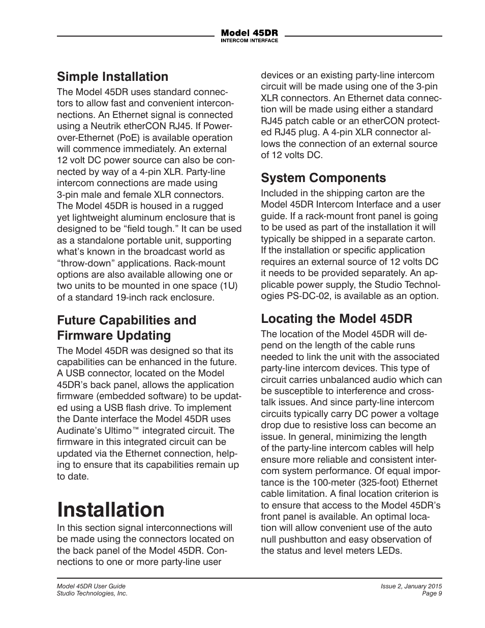 Installation, Simple installation, Future capabilities and firmware updating | System components, Locating the model 45dr | Studio Technologies 45DR User Manual | Page 9 / 23