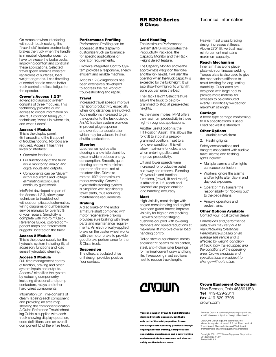 Rr 5200 series s class | Crown Equipment Narrow-Aisle Reach Truck RR 5200 Series User Manual | Page 6 / 6