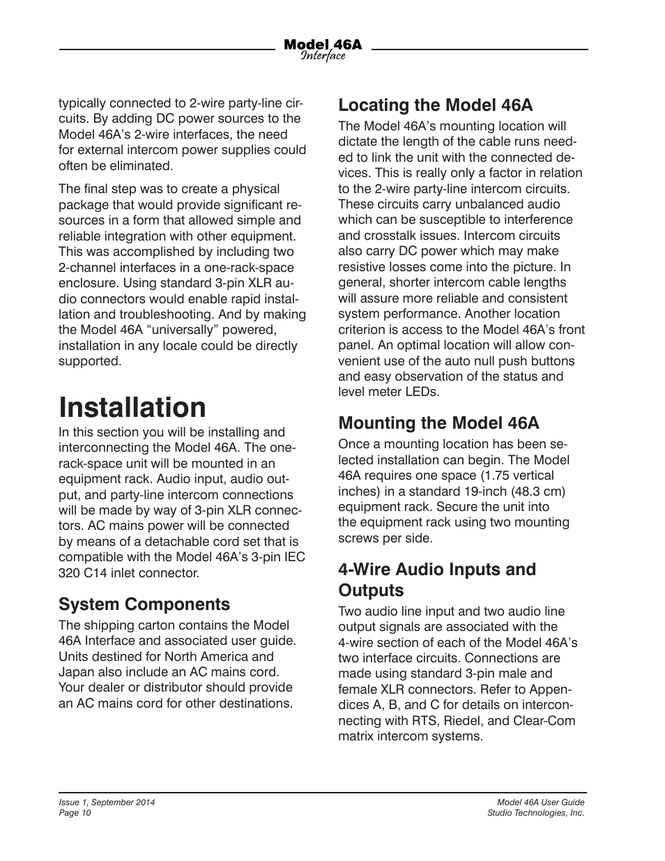 Installation, System components, Locating the model 46a | Mounting the model 46a, Wire audio inputs and outputs | Studio Technologies 46A User Manual | Page 10 / 33