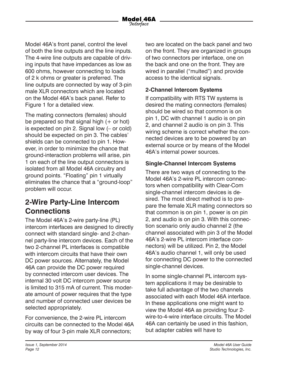 Wire party-line intercom connections | Studio Technologies 46A User Manual | Page 12 / 33