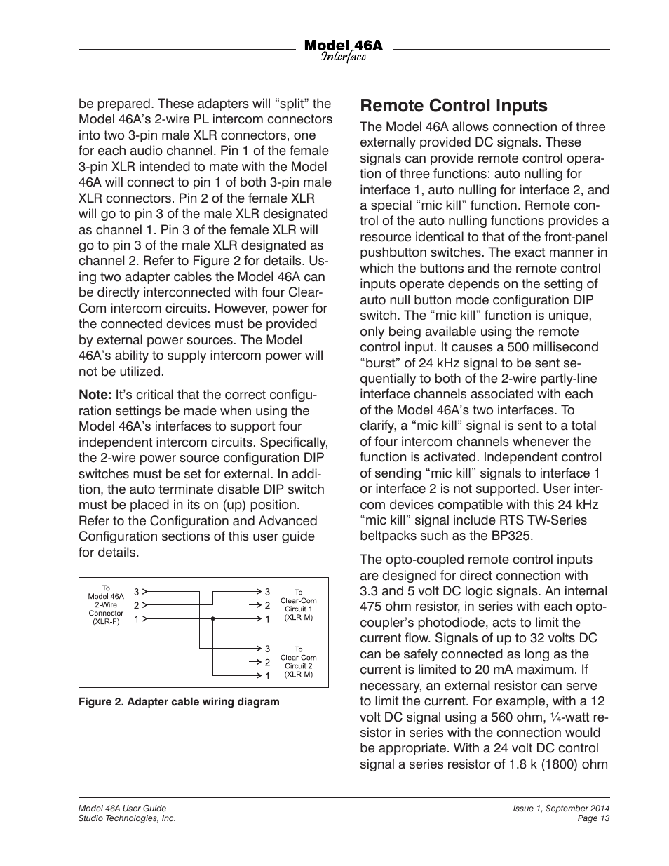 Remote control inputs | Studio Technologies 46A User Manual | Page 13 / 33