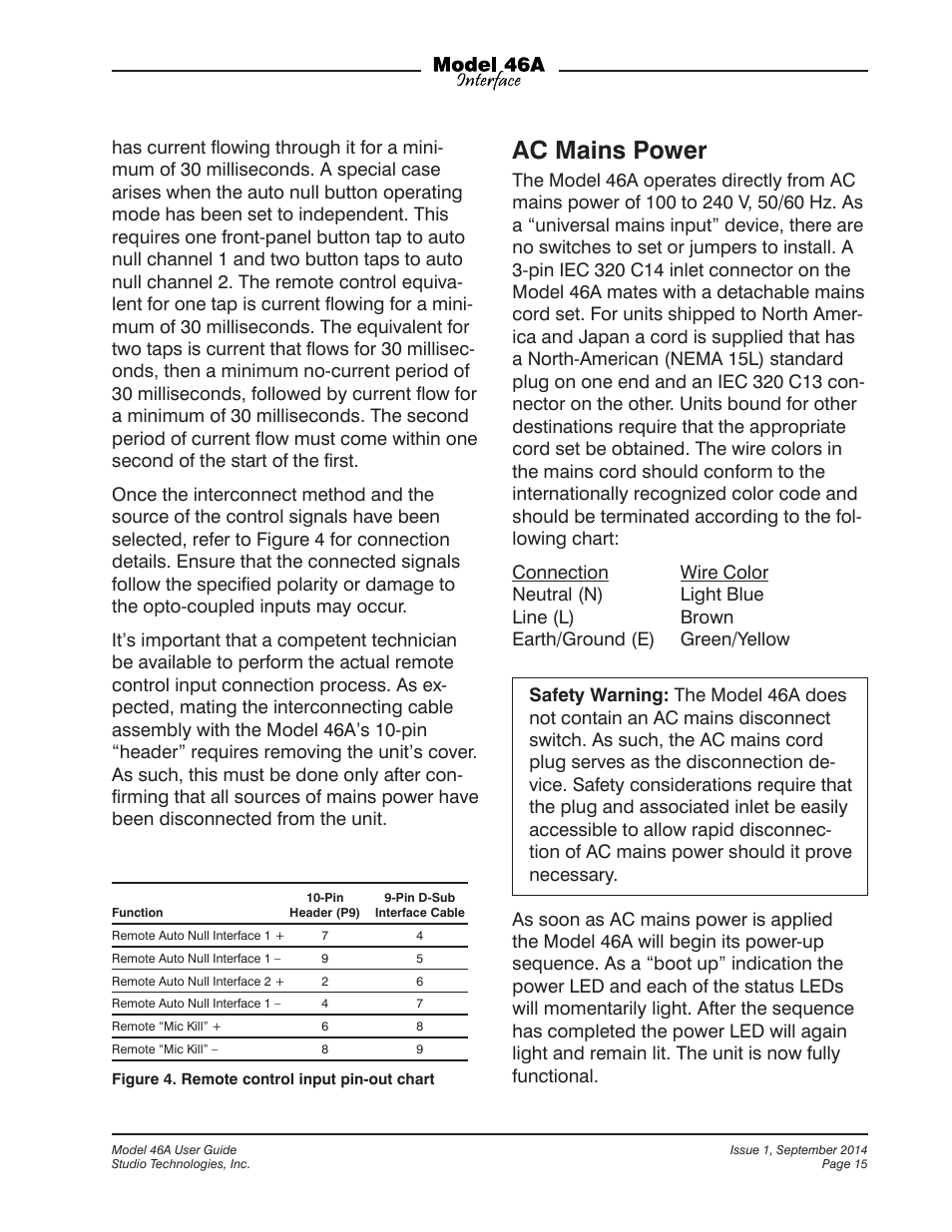 Ac mains power | Studio Technologies 46A User Manual | Page 15 / 33