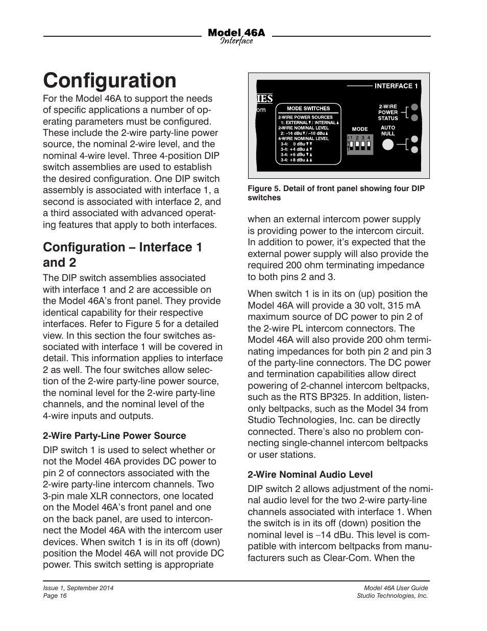 Configuration, Conﬁguration, Conﬁguration – interface 1 and 2 | Studio Technologies 46A User Manual | Page 16 / 33