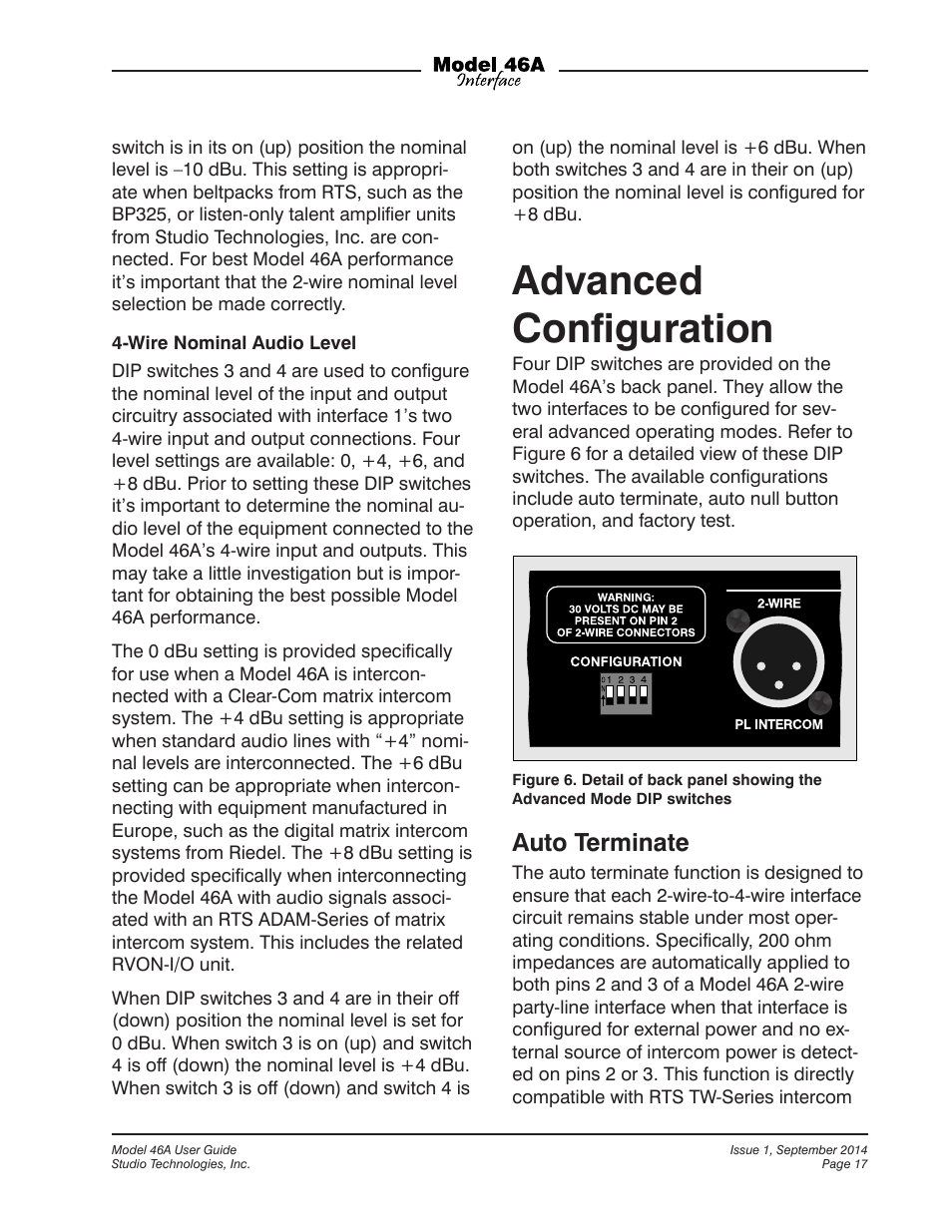 Advanced configuration, Advanced conﬁguration, Auto terminate | Studio Technologies 46A User Manual | Page 17 / 33