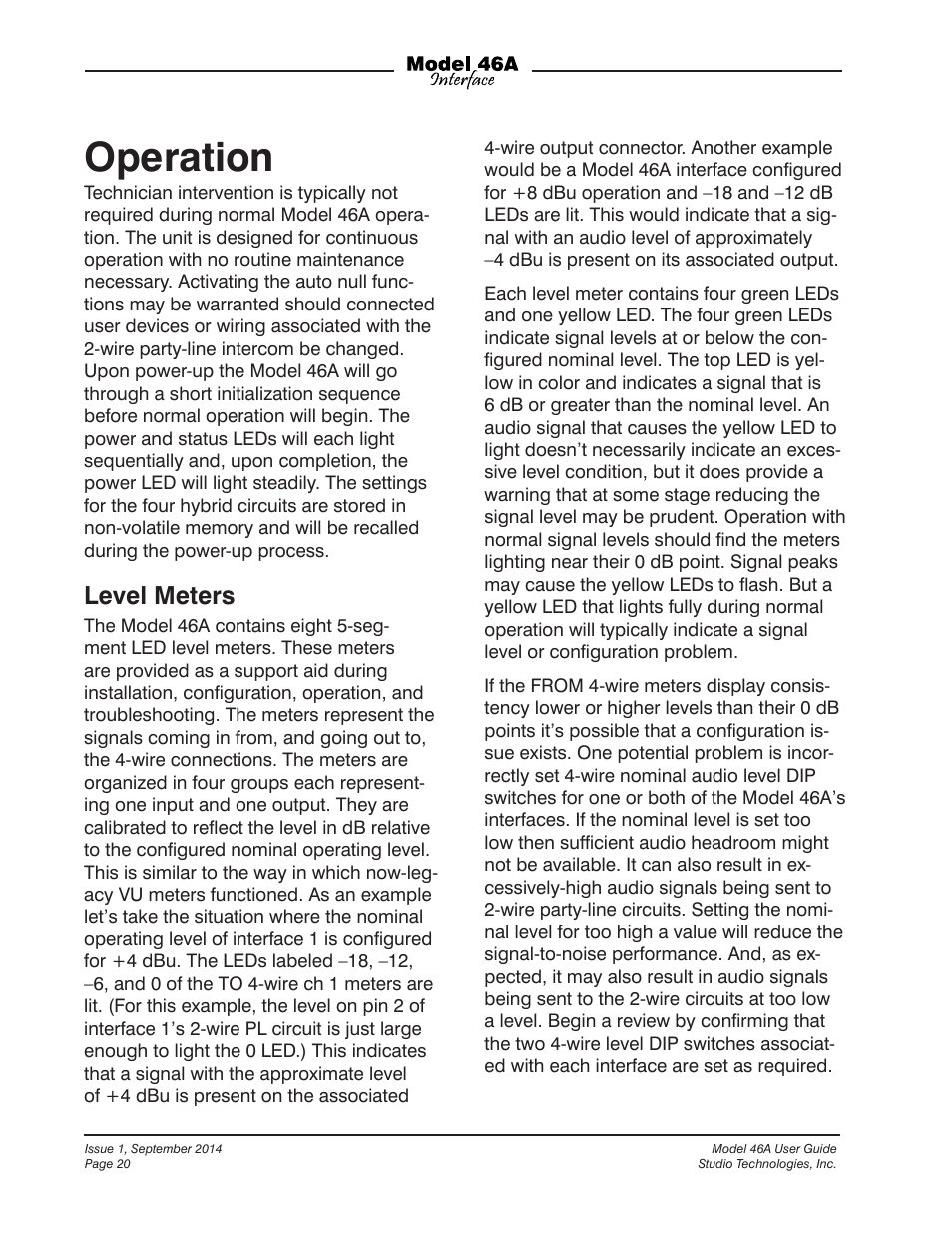 Operation, Level meters | Studio Technologies 46A User Manual | Page 20 / 33