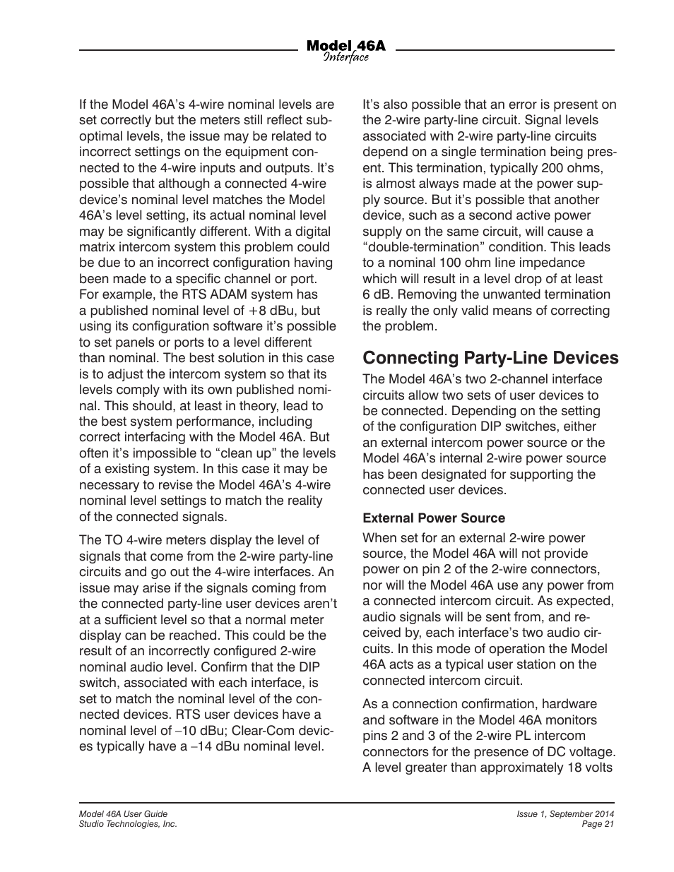 Connecting party-line devices | Studio Technologies 46A User Manual | Page 21 / 33