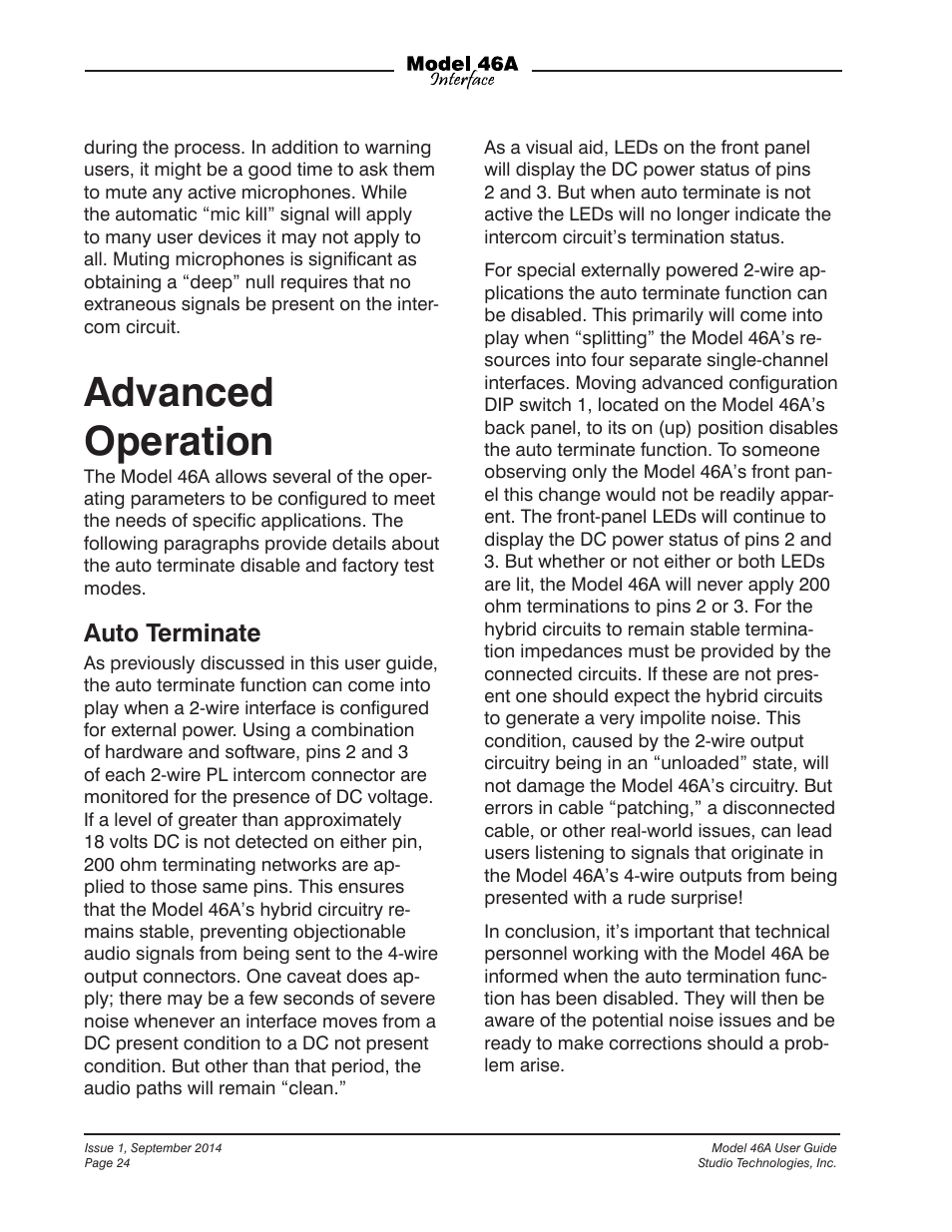 Advanced operation, Auto terminate | Studio Technologies 46A User Manual | Page 24 / 33