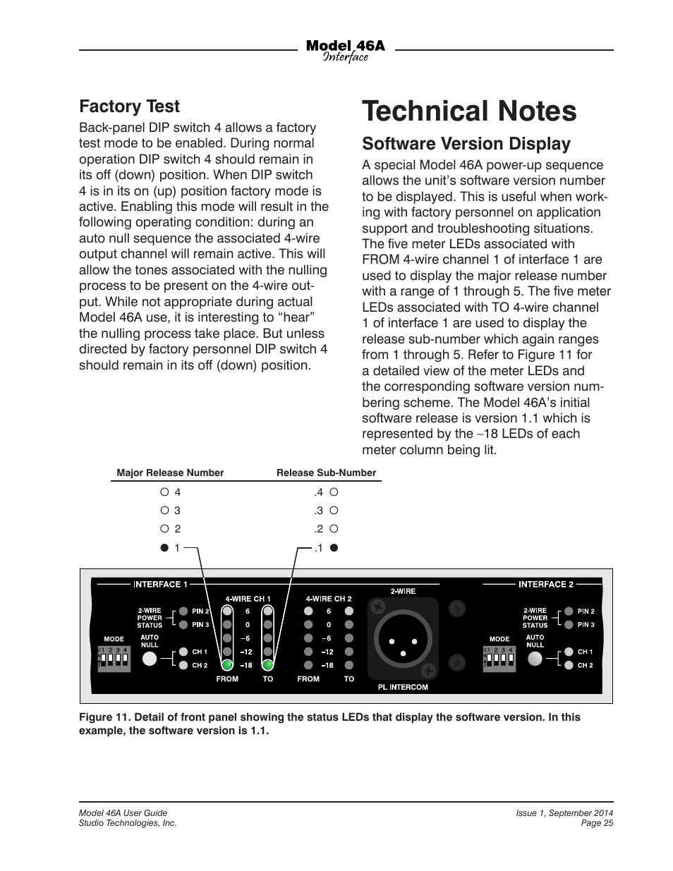 Technical notes, Factory test, Software version display | Studio Technologies 46A User Manual | Page 25 / 33